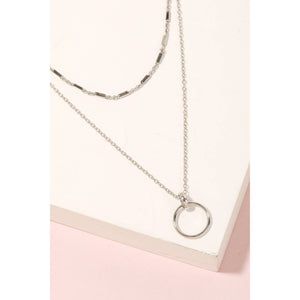 Metallic Hoop Pendant Layered Necklace - Silver